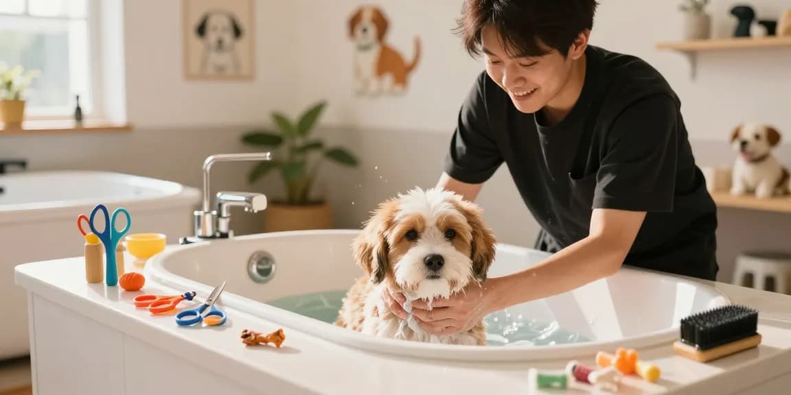 Reliable groomer gently bathing a fluffy puppy in a cheerful salon.