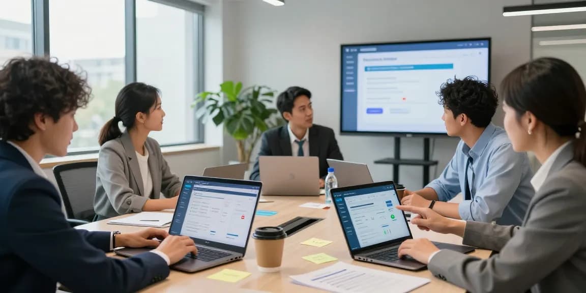 Team analyzing online payment gateway solutions in a bright office setting with laptops and digital displays.