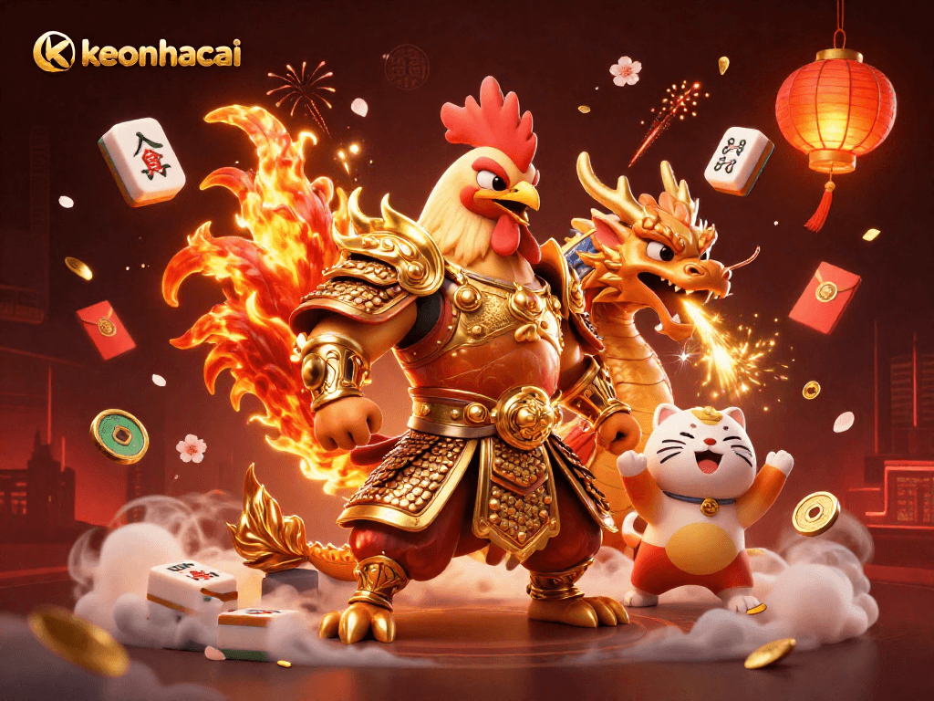 Experience thrilling keonhacai action with a fighting rooster warrior and dragon in a vibrant casino scene.