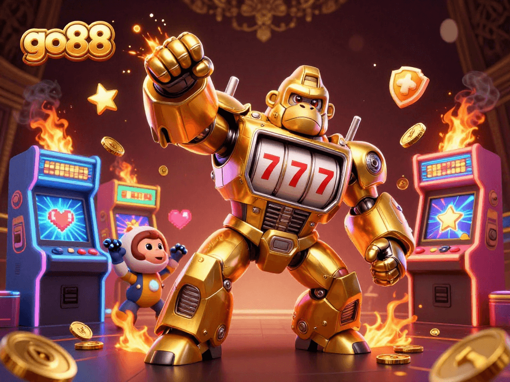 Engage with go88's dynamic scene featuring a golden mech and arcade elements in casino action.