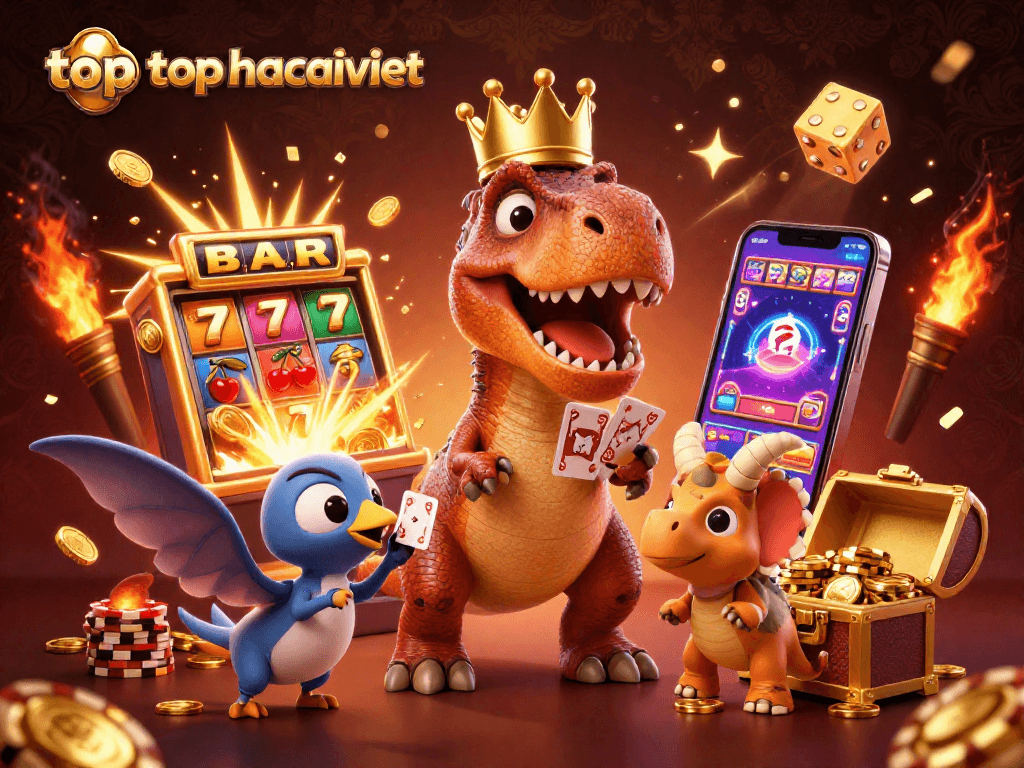 Engage in thrilling casino fun with topnhacaiviet in this vibrant 3D scene featuring cartoon dinosaurs and slot machine action.