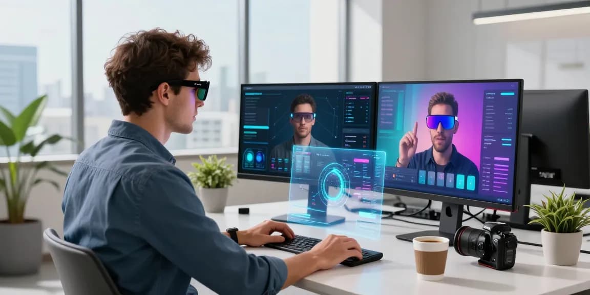 Professional using smart glasses for a virtual meeting in a modern office.