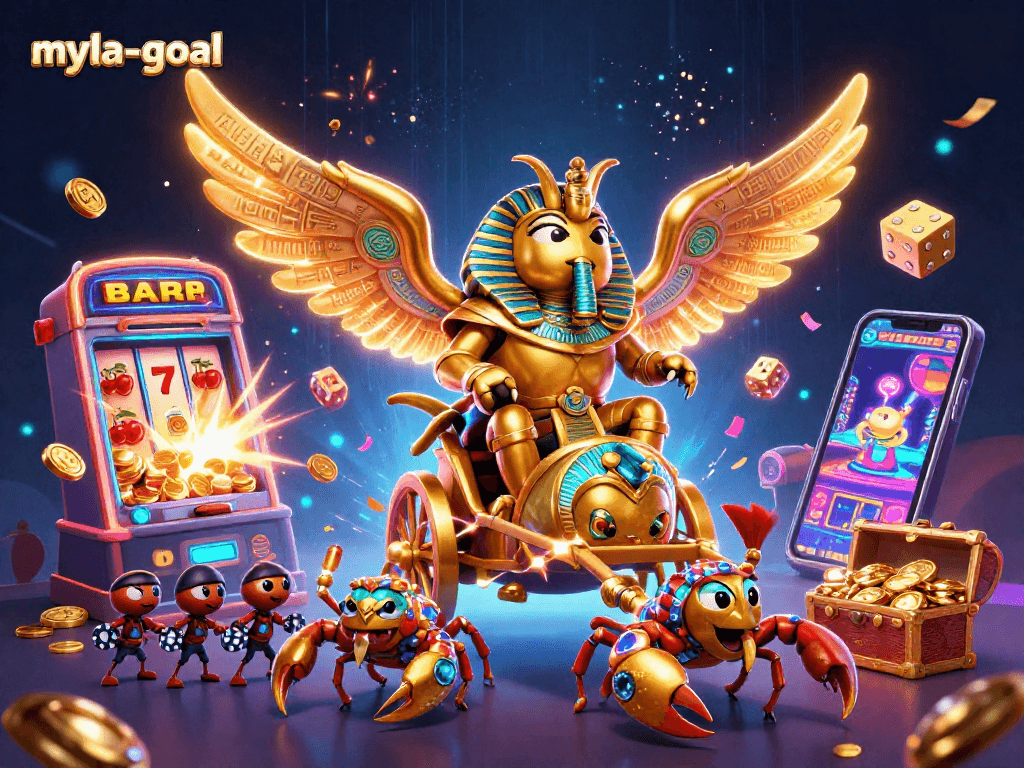 Win big with myla-goal in this vibrant casino scene featuring a colossal golden scarab beetle.