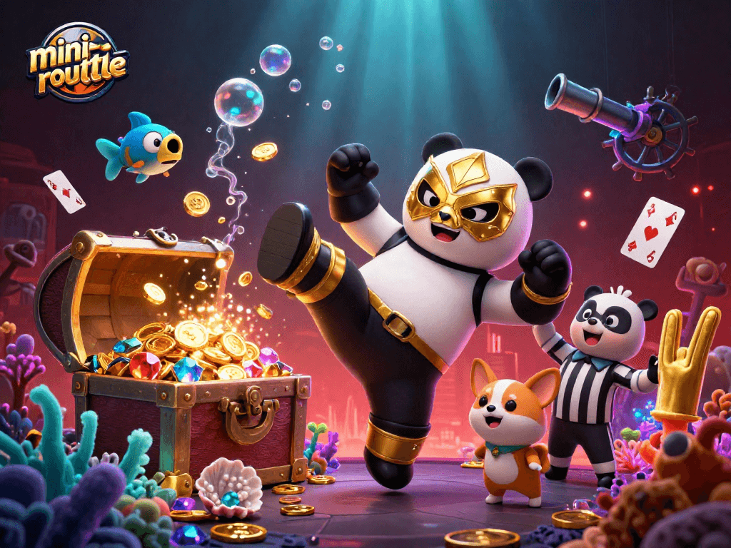 Experience thrilling mini-roulette action as the panda in lucha libre mask triumphs in a dynamic casino scene.