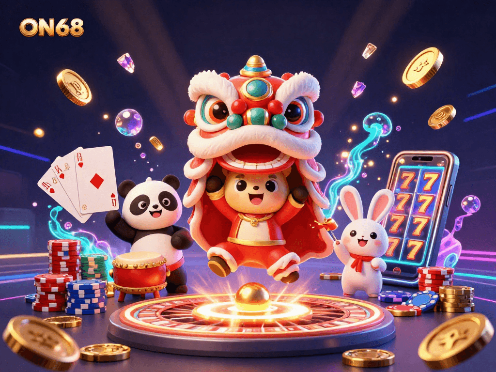 Experience exhilarating gaming at ON68 with vibrant animations of festive characters and casino elements.