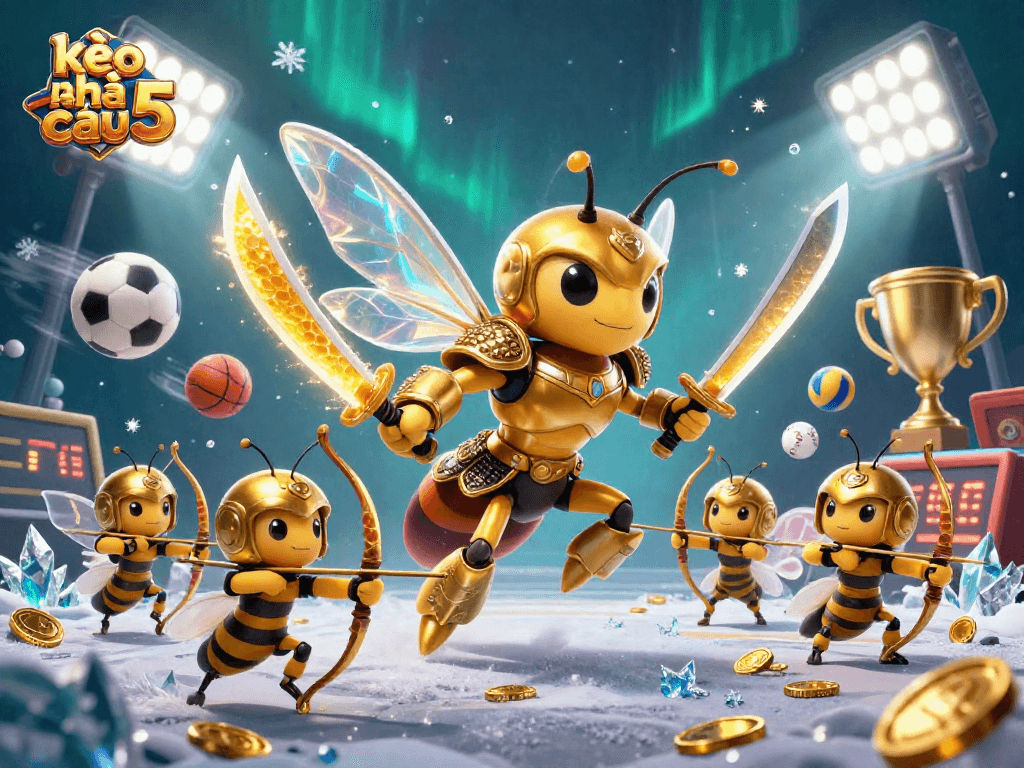 Kèo nhà cái 5 features a golden hornet samurai in a dynamic sports betting scene filled with action.
