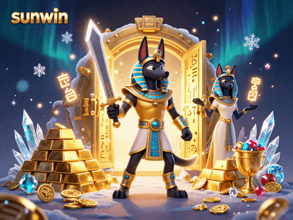 Experience sunwin's thrilling gaming with Anubis and Bastet surrounded by treasures and casino elements.