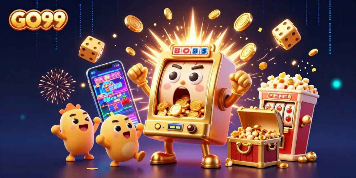 Celebrate wins with GO99 as the joyous slot machine hits the jackpot amidst golden coins.