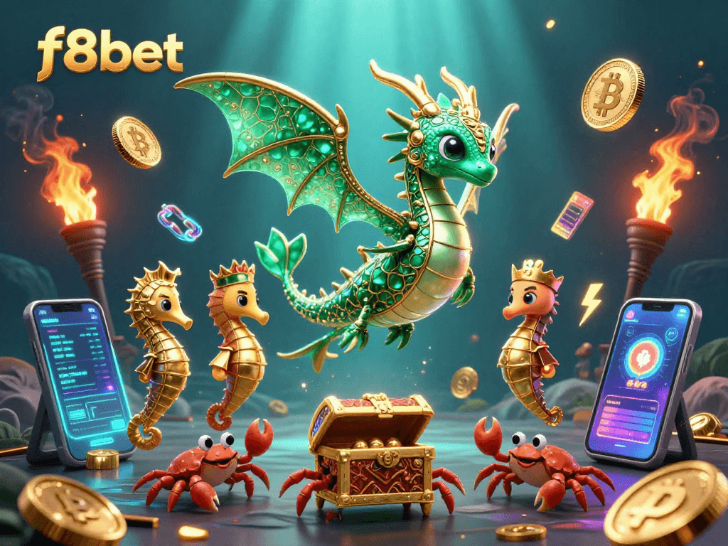 Experience the excitement of f8bet with vibrant characters and crypto gaming elements in a lively casino scene.