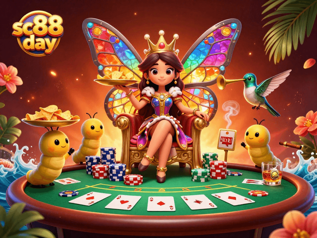 Experience the vibrant energy of sc88 day with poker action led by a butterfly queen.
