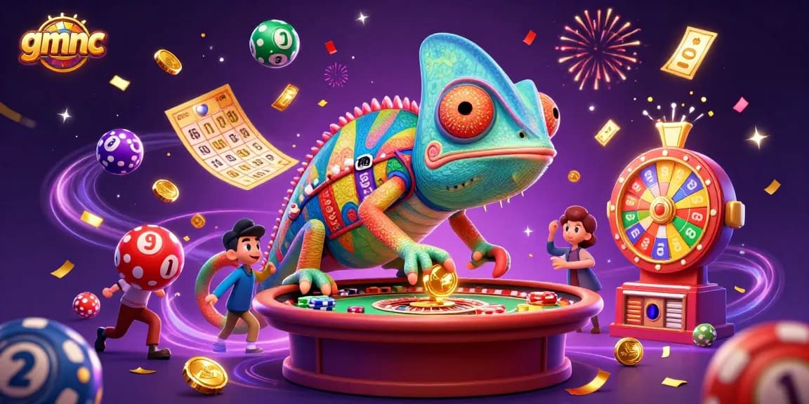Experience exciting bingo games with gmnc's vibrant chameleon casino owner amidst colorful lottery elements.