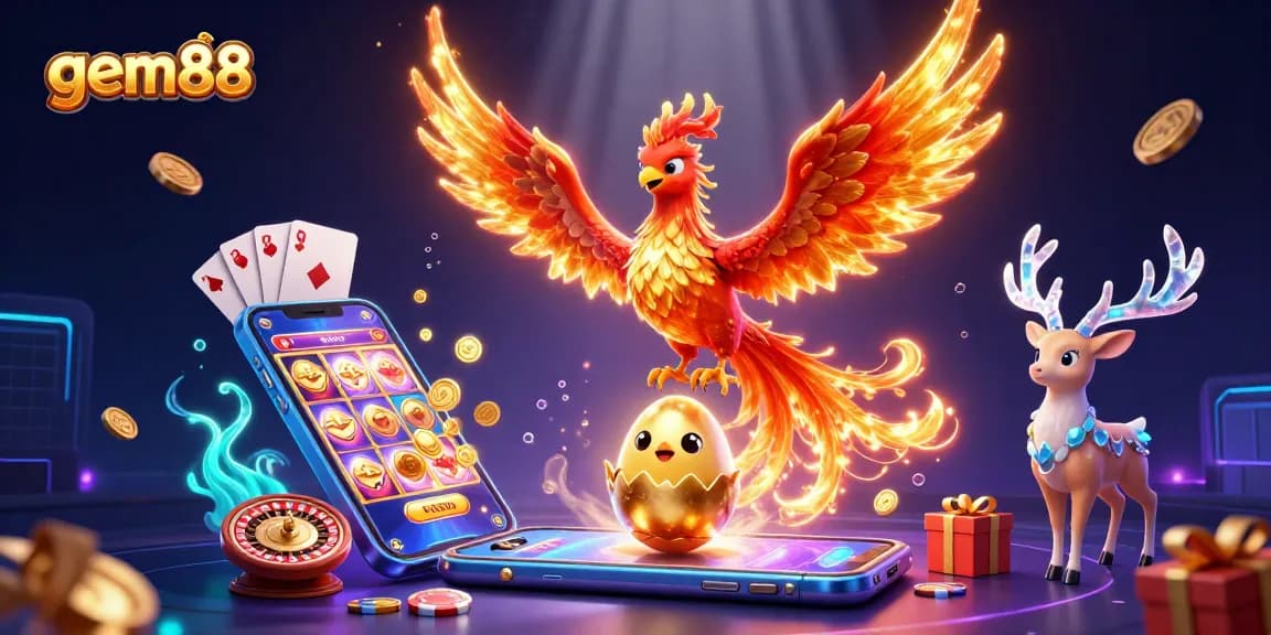 Engage with gem88's vibrant games featuring mystical phoenixes and exciting slot reels.