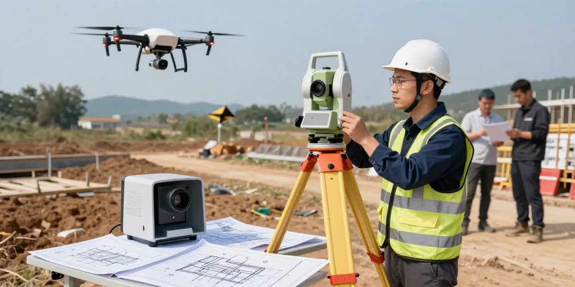 Topographical surveys Berkshire conducted with advanced equipment including a total station and drone on a construction site.