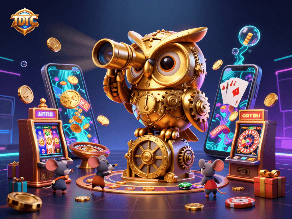 Engage in thrilling TDTC slots with a vivid 3D cartoon casino scene, featuring unique characters and dynamic gaming elements.