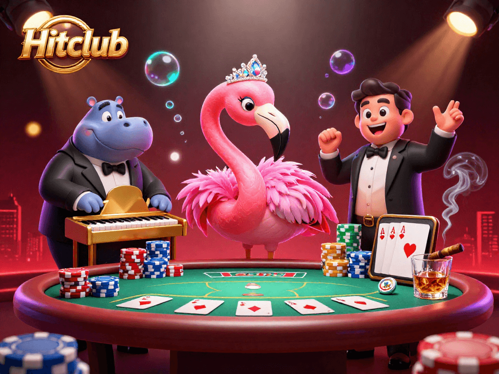 Hitclub players enjoy a vibrant gaming scene with a flamingo singer and a hippo bassist at a lively casino.