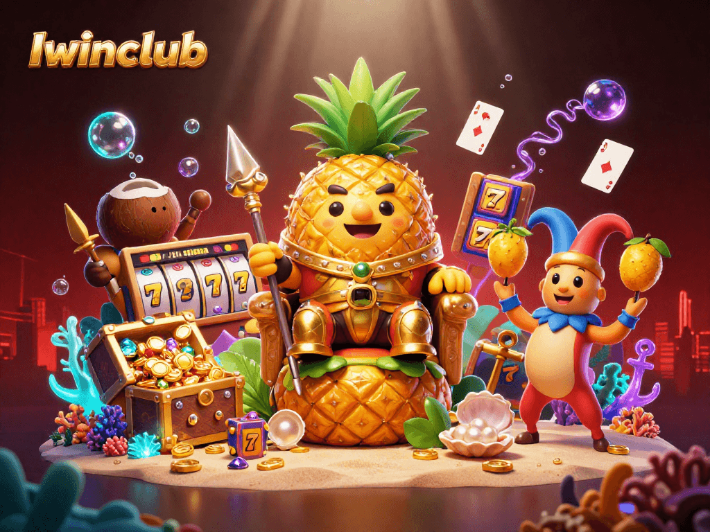 Iwinclub showcases a thrilling scene with the golden pineapple king and ensemble in a vibrant casino environment.