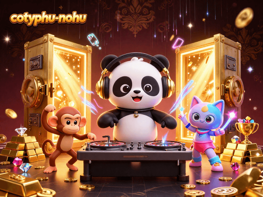 Cotyphu-nohu game features a DJ panda, breakdancing monkey, and glow-stick kitten amidst treasure