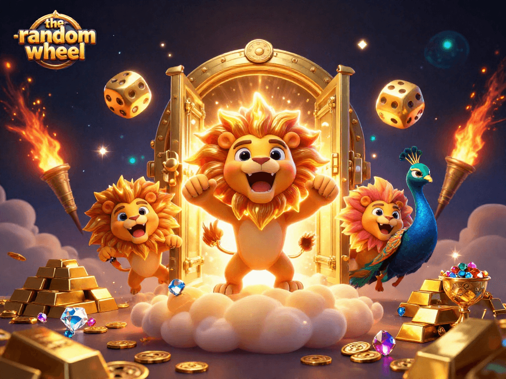 The-random-wheel captures thrilling moments of a majestic lion, golden dice, and a peacock in a dazzling casino.