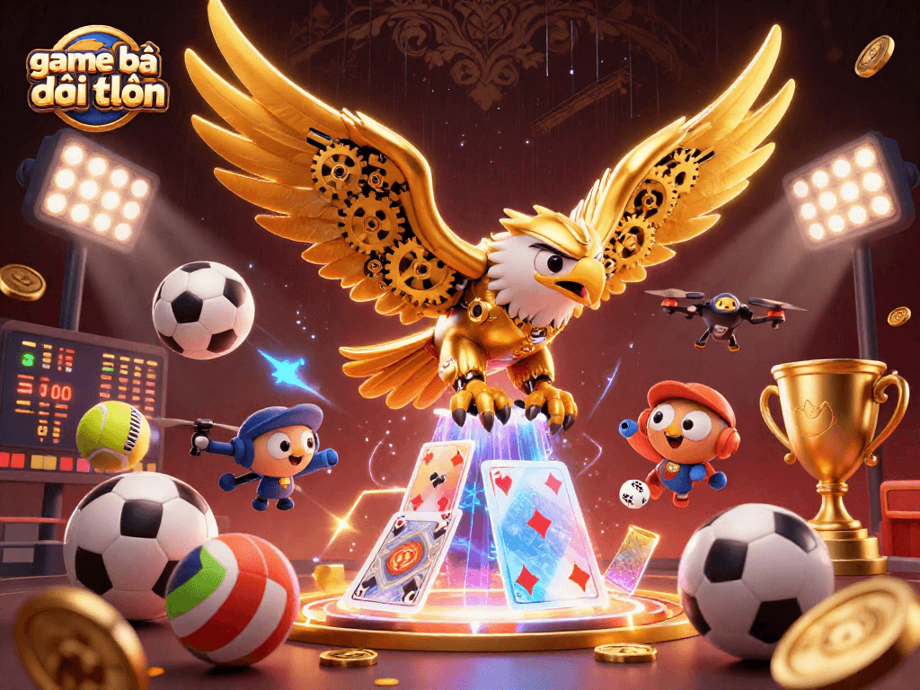 Experience the excitement of game bài đổi thưởng with a dynamic 3D illustration of a cybernetic eagle amidst flying sports elements.