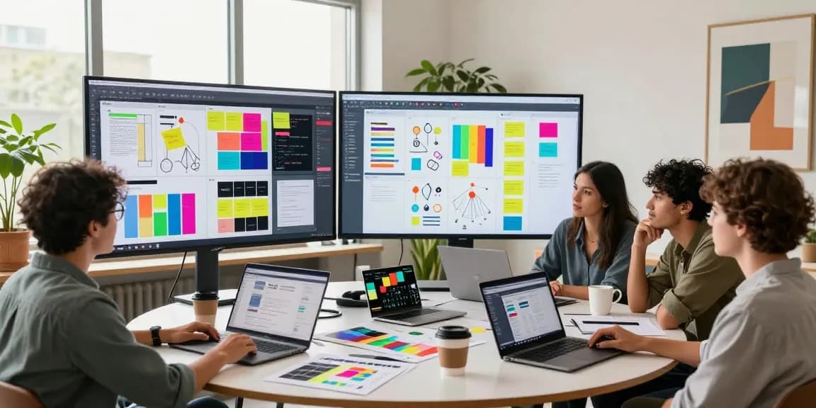Team collaborating on a mix board showcasing vibrant moodboards and brainstorming ideas in a creative workspace.