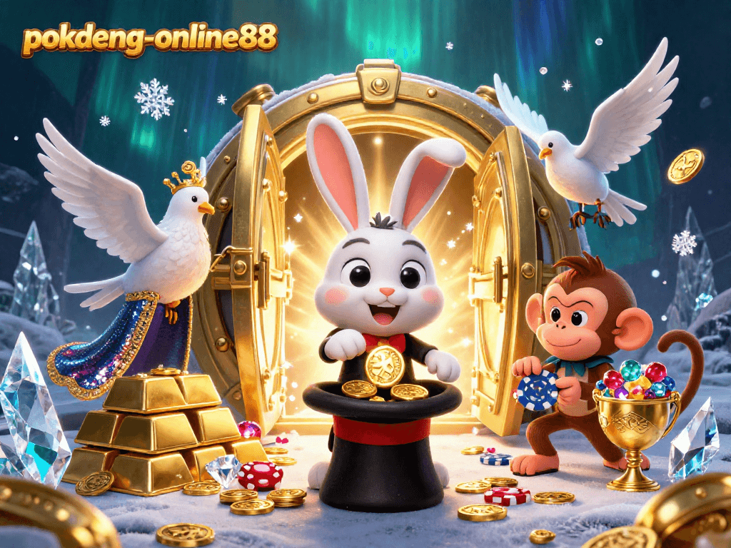 Engage in thrilling gameplay at pokdeng-online88 with a magical scene of a magician rabbit, dove, and monkey amidst coins and treasures.