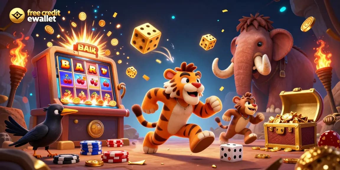 Spin and win with free credit ewallet at a lively prehistoric casino scene.