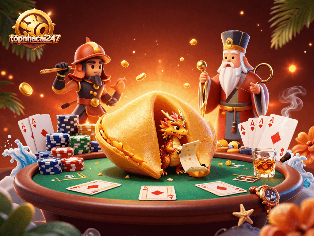 Experience thrilling wins at topnhacai247 with this vibrant 3D casino illustration featuring poker elements and fun characters.