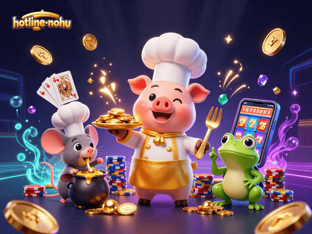 Engage in thrilling gameplay with hotline-nohu, a dynamic illustration featuring a chef pig, mouse, and frog amidst casino riches.