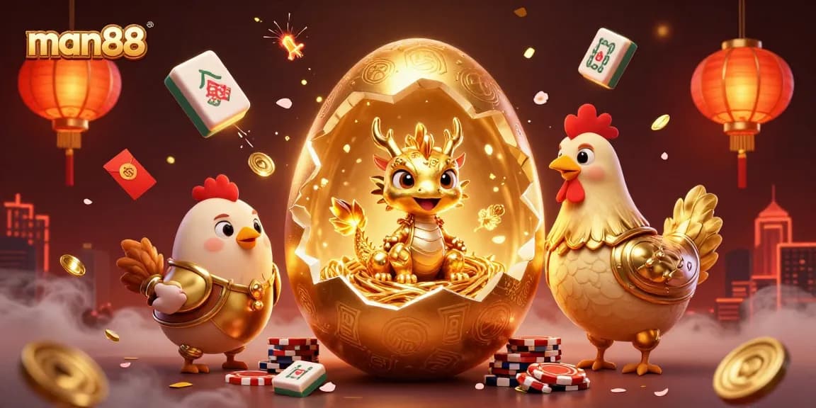 man88 casino scene featuring a golden dragon and poker chips amidst festive decorations