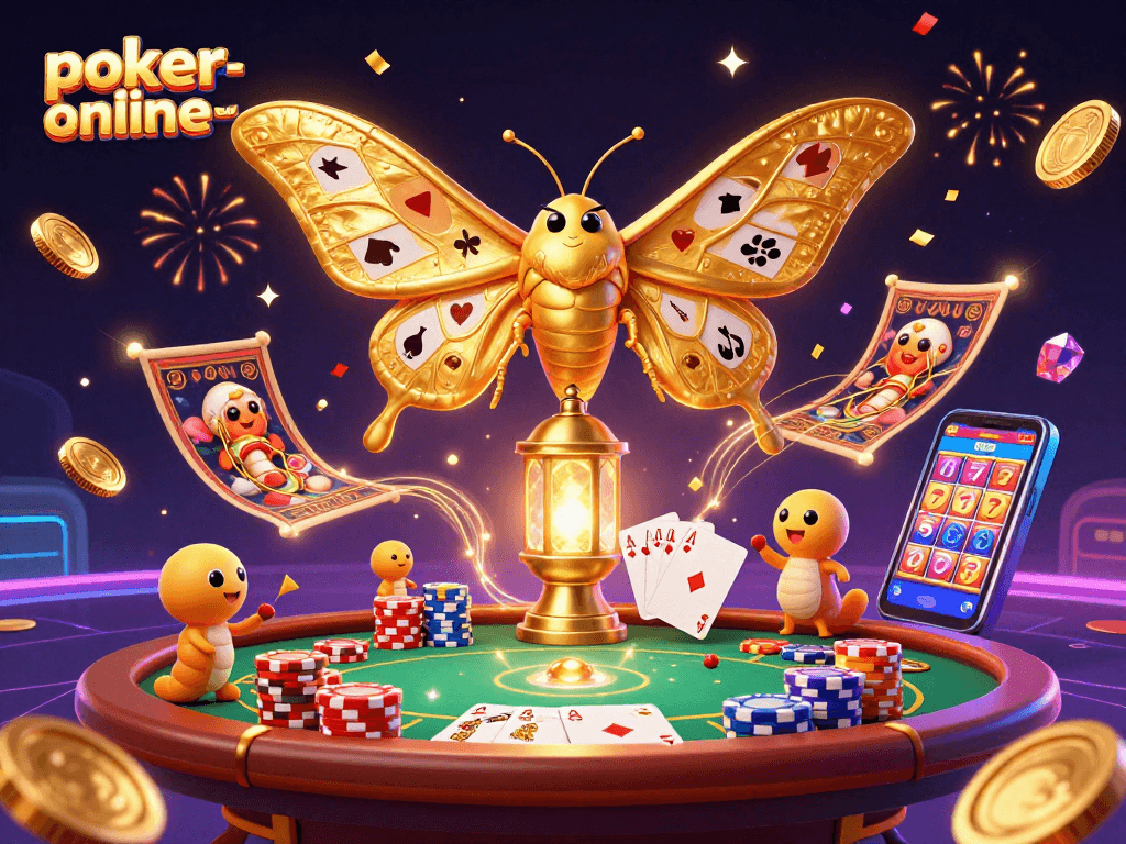 Experience casino thrills with poker-online-now, featuring a vibrant 3D scene of poker elements and celebrations.