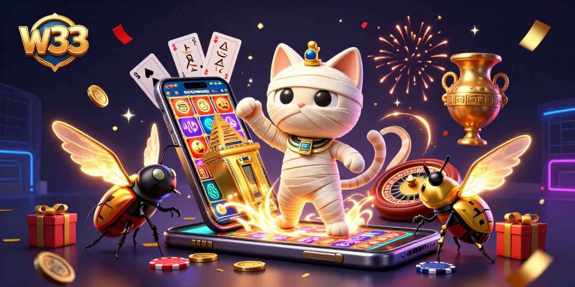 Experience w33 Casino's vibrant gaming scene with an Egyptian mummy cat and golden elements.