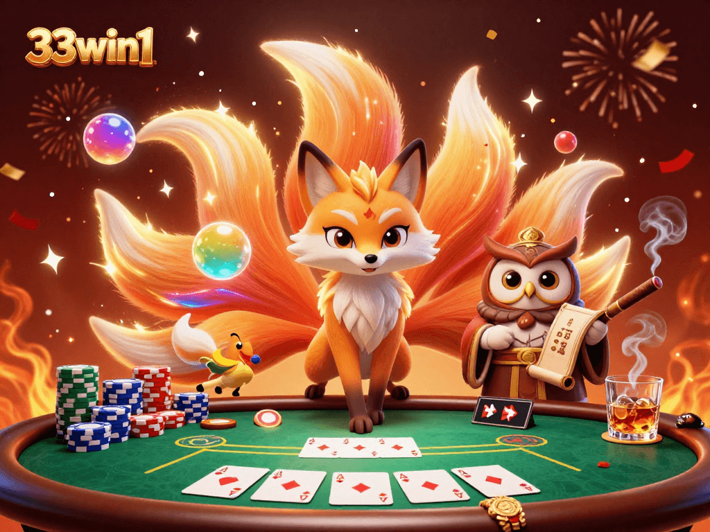 Engage in exciting gameplay at 33win1 with vibrant characters and poker elements in a colorful casino setting.