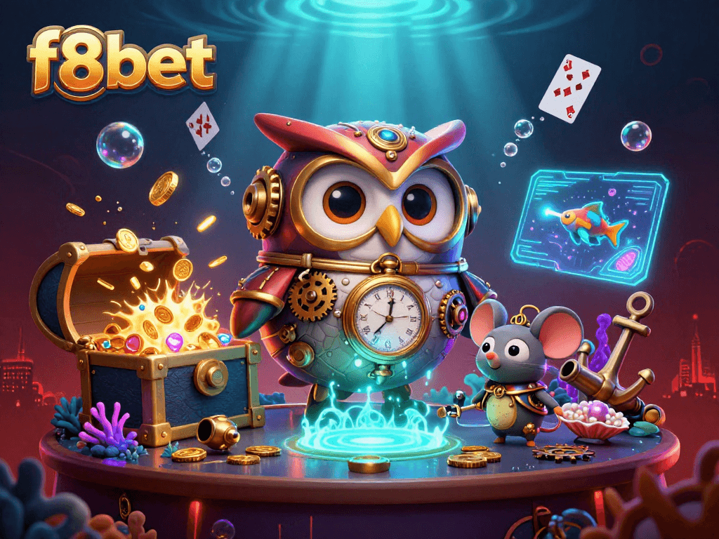 Experience the thrilling adventures of f8bet with a whimsical casino scene featuring an owl and mouse.