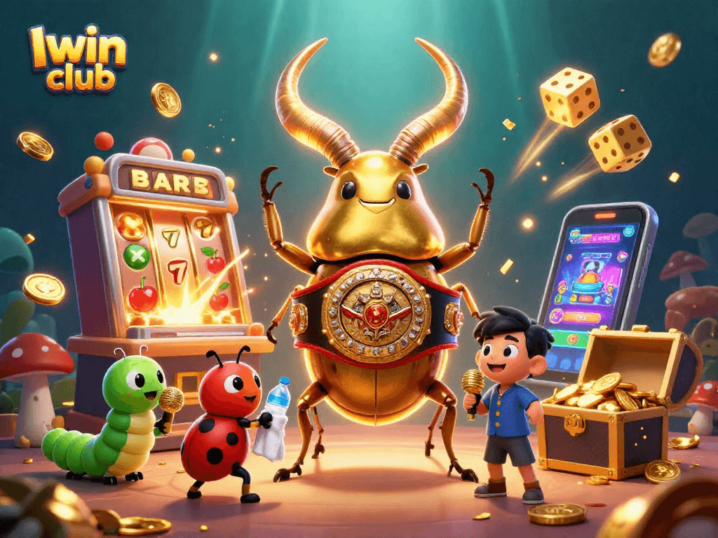 Iwin club showcases an intense 3D scene with vibrant casino elements, including a colossal stag beetle ready for a challenge.
