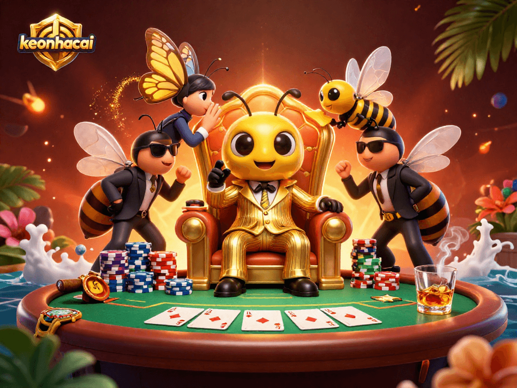 Join the keonhacai bumblebee mob boss in an intense poker showdown filled with vibrant casino elements.
