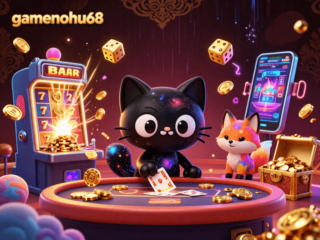 Experience thrilling wins at gamenohu68 with a captivating cosmic casino scene filled with games and excitement.