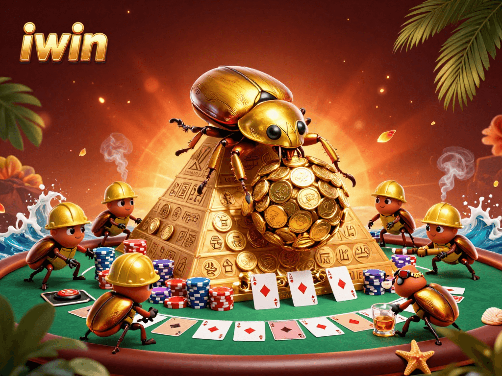 Experience exciting iwin action with golden beetles rolling coins at a vibrant casino pyramid.
