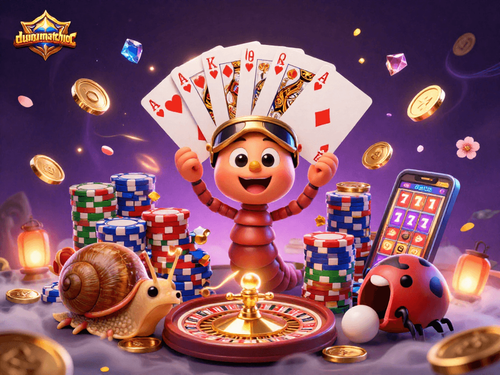 Engage in thrilling gameplay with duongmatchuoc as a cartoon millipede dealer shares cards and excitement.