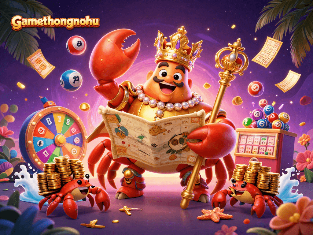 Gamethuongnohu showcases a dynamic 3D crab emperor surrounded by lively lottery elements and vibrant casino imagery.