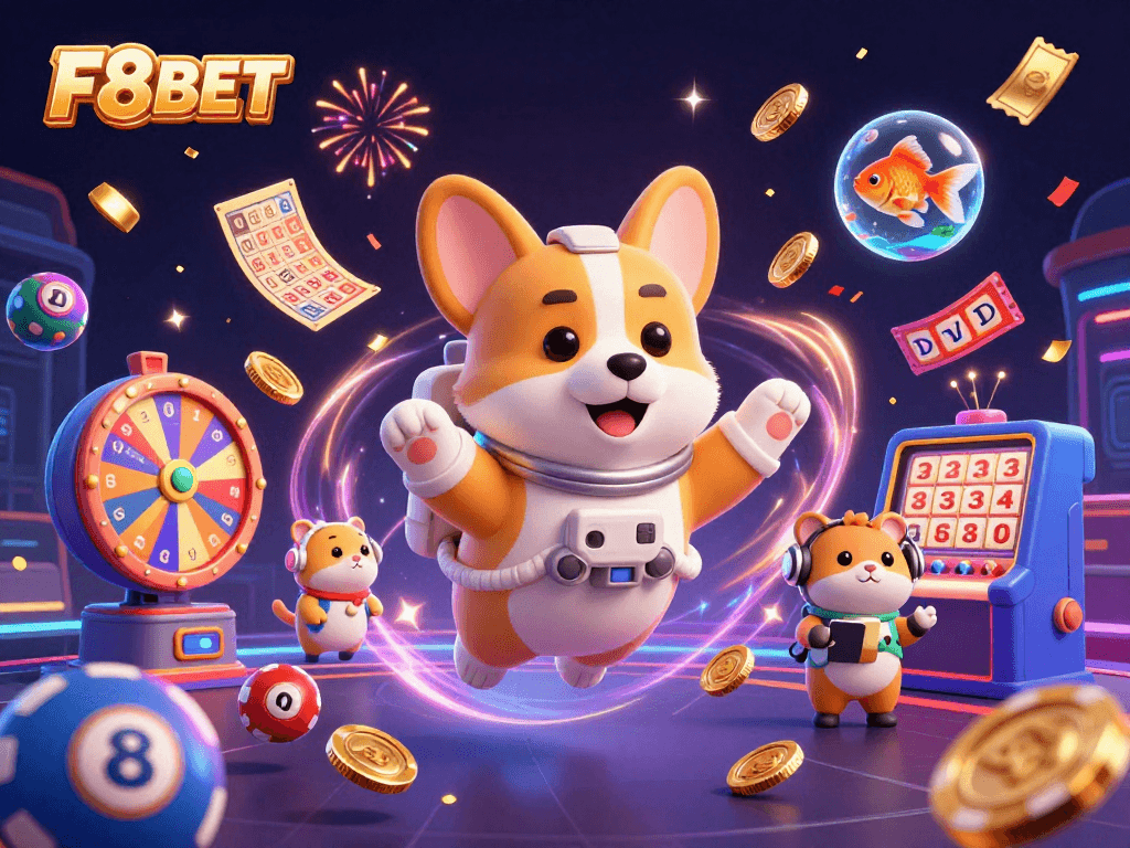 Experience the excitement of F8BET in a dynamic casino scene with a playful astronaut corgi and engaging game elements.