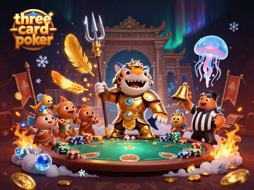 Engage with three-card-poker action, highlighted by a powerful shark in a gladiator setup amid vibrant cards and chips.