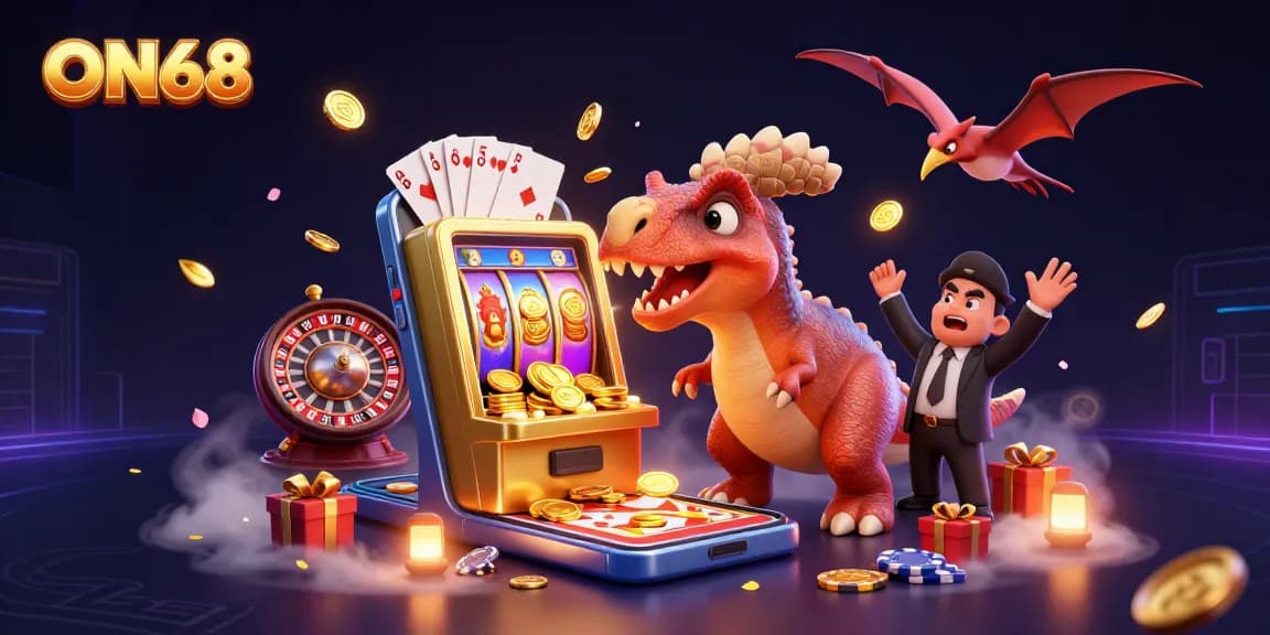 Experience the excitement of ON68 with a 3D dinosaur-themed jackpot scene, featuring vibrant winning moments.