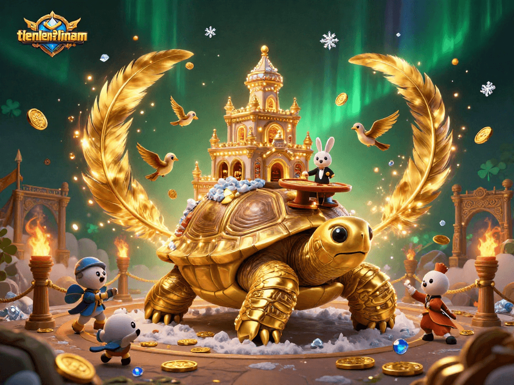 Engage in thrilling gameplay with tienlenmiennam at our elaborate casino scene featuring a golden tortoise.