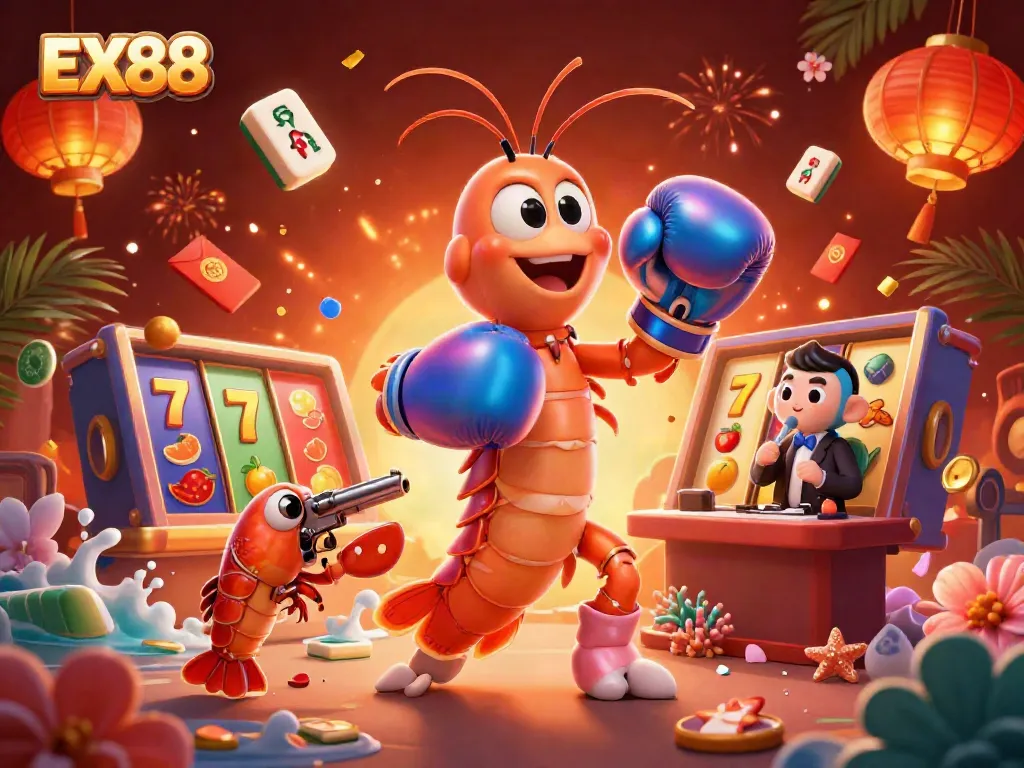 Engage with thrilling EX88 slot gameplay featuring vibrant lucky 7s, iridescent shrimp fighters, and festive elements.