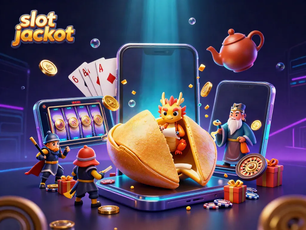 Experience thrilling slot jackpot wins in a vibrant casino-inspired scene featuring a golden fortune cookie and a dragon.