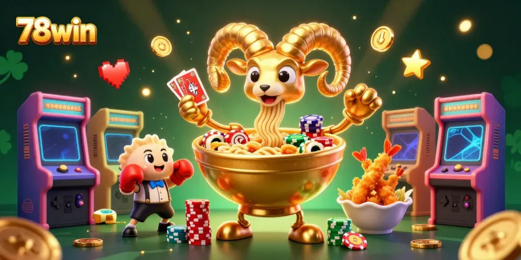 Engage in thrilling gameplay with 78win's vibrant 3D illustration featuring animated characters and casino elements.
