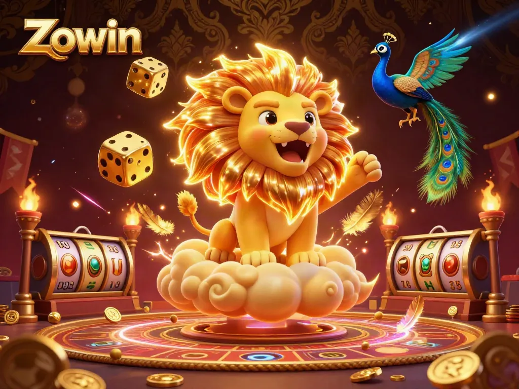 Zowin energizes players amid golden dice and a roaring lion in a vibrant casino scene.