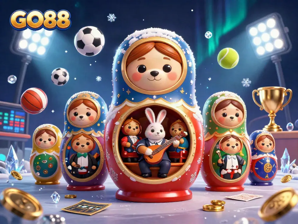 Engage in the excitement of GO88 with a vibrant casino scene featuring playful characters and dynamic elements.