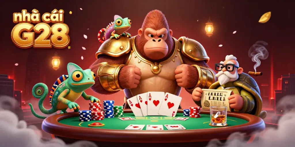 Experience excitement at nhà cái G28 with a dynamic 3D illustration of casino characters.