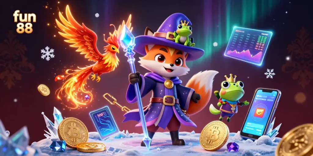 Experience fun 88 with an enchanting wizard, phoenix, and crypto elements in this vibrant casino scene.